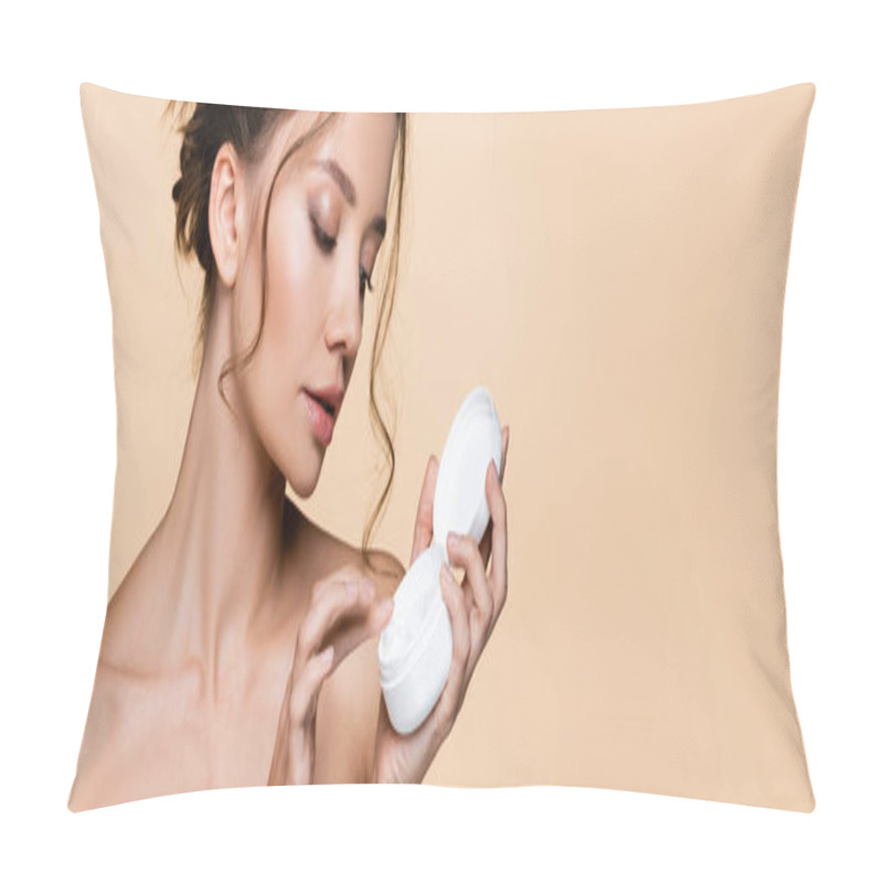 Personality  Young Model With Naked Shoulders Holding Cosmetic Cream And Cap Isolated On Beige, Banner  Pillow Covers