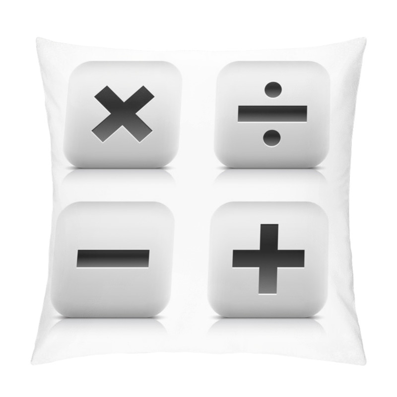 Personality  Stone Web Button Calculator Icon. Division, Minus, Plus, Multiplication Sign. White Rounded Square Shape With Black Shadow And Gray Reflection On White Background. Vector Illustration Saved In 8 Eps Pillow Covers