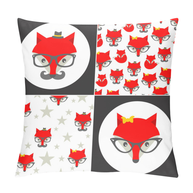 Personality  Set Of Cute Seamless Patterns With Hipster Fox. Pillow Covers