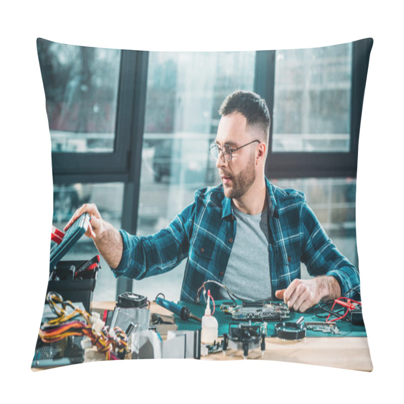 Personality  Hardware Engineer With Instruments And Circuit Board At Workplace Pillow Covers