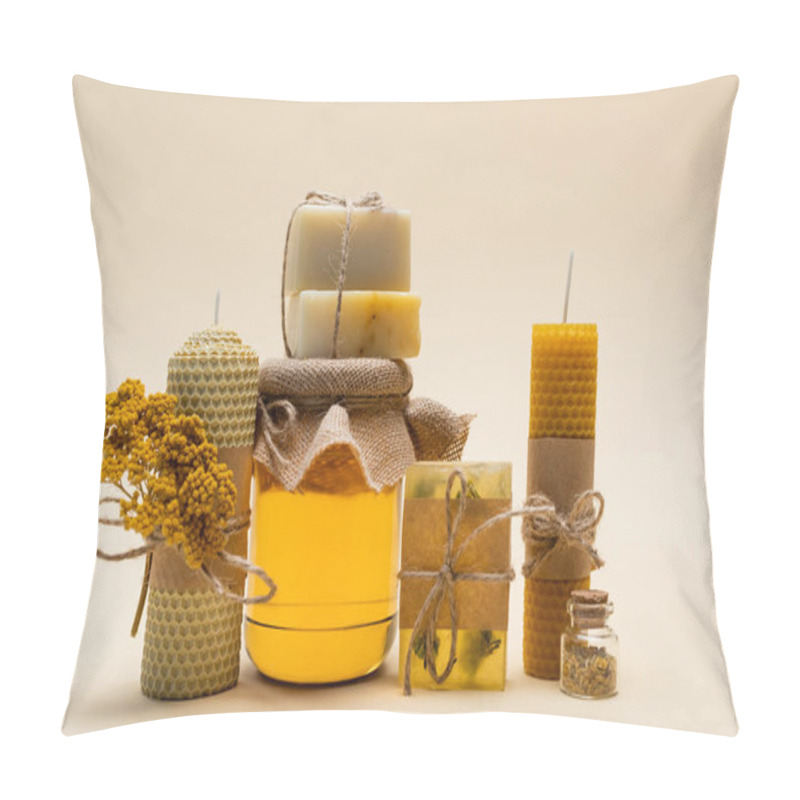 Personality  Craft Soap And Candles Near Jar With Honey On Beige Background  Pillow Covers