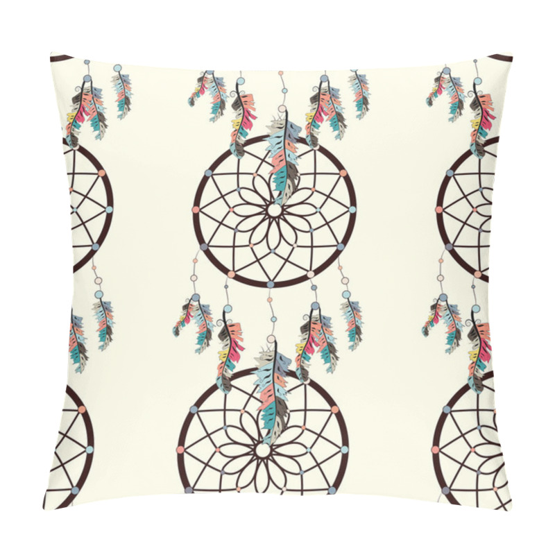 Personality  Seamless Background, Retro Pattern, Ethnic Doodle Collection, Tribal Design. Hand Drawn Illustration With Indian Dreamcatchers And Feathers Pillow Covers