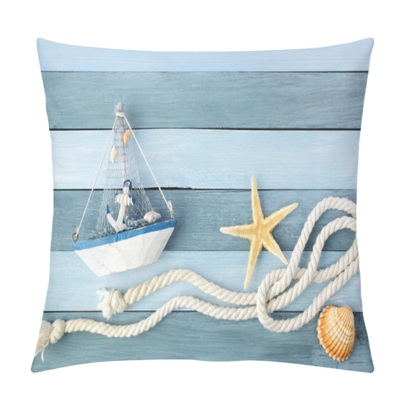 Personality  Few Summer Marine Items On A Wooden Background. Pillow Covers