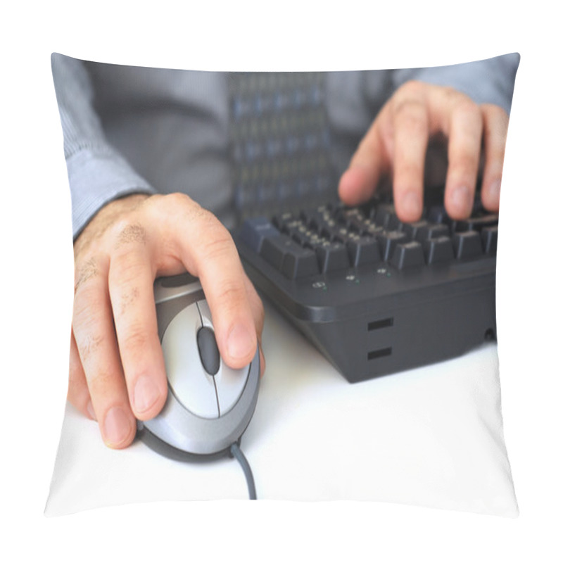 Personality  Closeup Of Man's Hands With Computer Mouse And Keyboard Pillow Covers