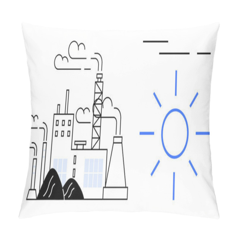 Personality  Industrial Factory With Smoke Stacks Releasing Emissions Into The Air. On The Right, A Bright Sun Symbol Indicates Clean Energy. Ideal For Environmental Awareness, Pollution, Clean Energy Pillow Covers