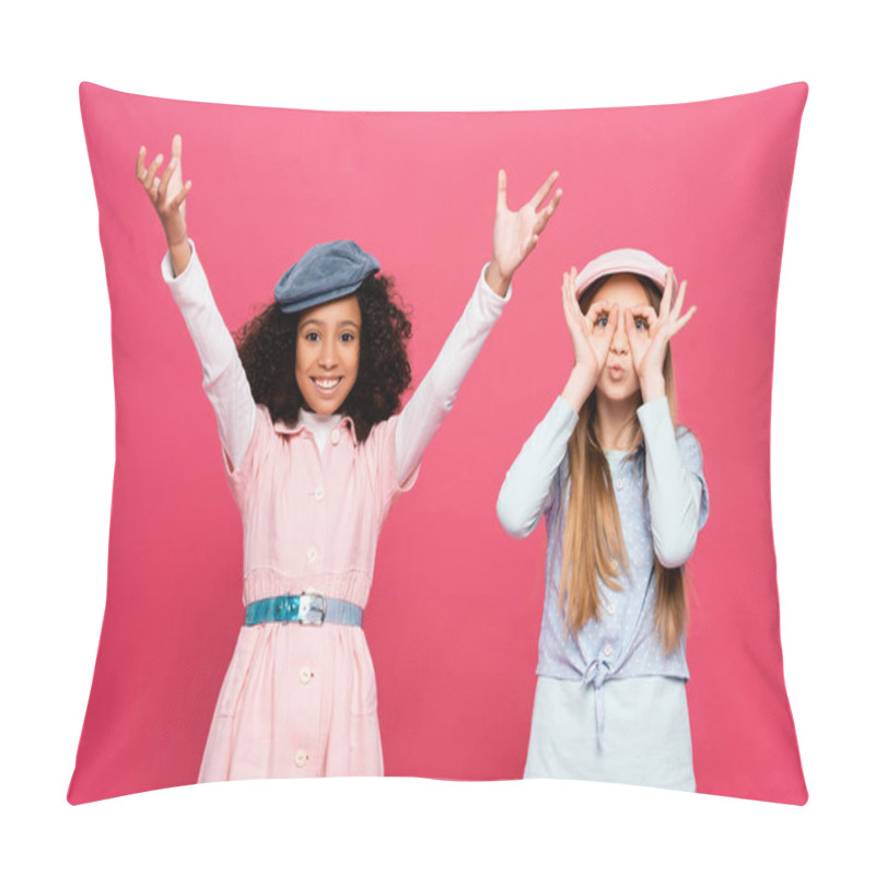 Personality  Trendy Girl Imitating Eyeglasses Near Cheerful African American Girl With Raised Hands Isolated On Pink Pillow Covers