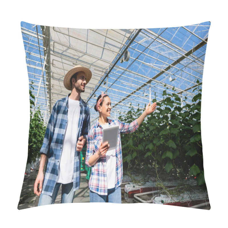 Personality  Joyful African American Farmer Pointing At Green Plants Near Smiling Colleague Pillow Covers