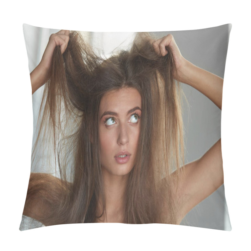 Personality  Woman With Holding Long Damaged Dry Hair. Hair Damage, Haircare. Pillow Covers