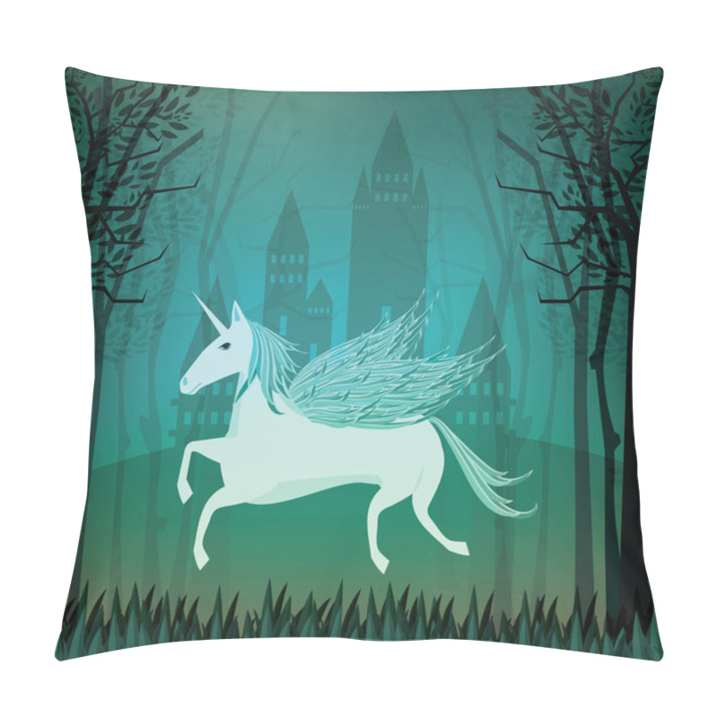 Personality  A Fantasy Castle With Unicorn Illustration. Pillow Covers