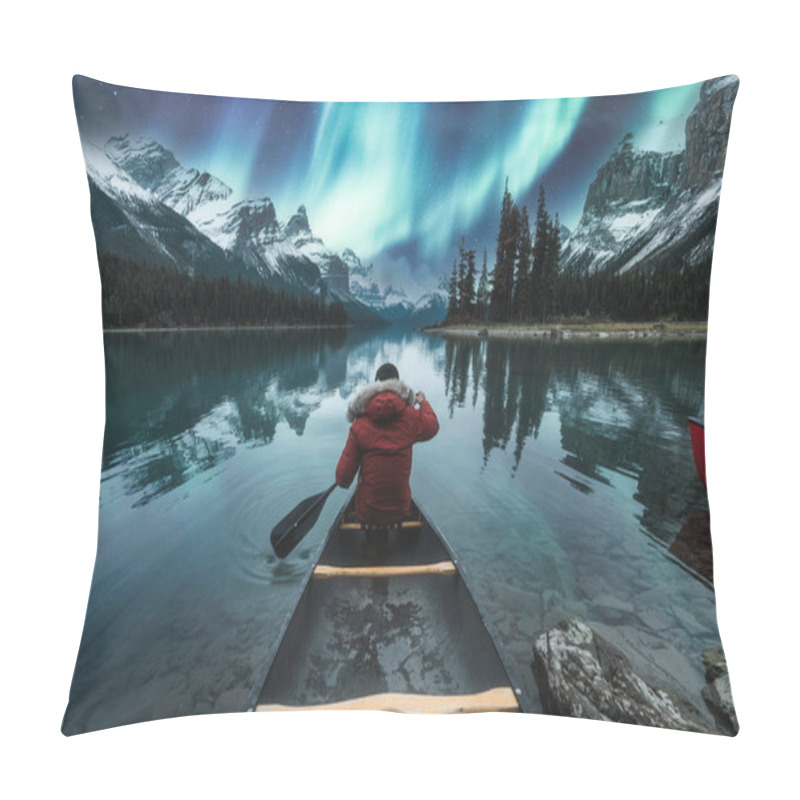 Personality  Beautiful Aurora Borealis Over Spirit Island With Male Traveler On Canoe At Jasper National Park, AB, Canada Pillow Covers