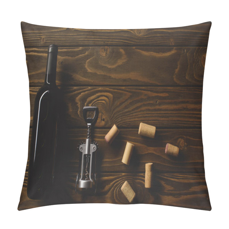 Personality  Top View Of Bottle Of Luxury Red Wine With Corks And Corkscrew On Wooden Table Pillow Covers