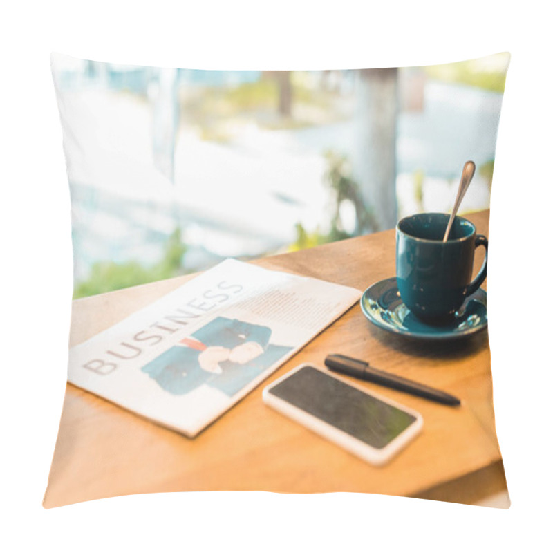 Personality  Smartphone With Blank Screen, Business Newspaper And Cup Of Coffee On Table In Cafe Pillow Covers