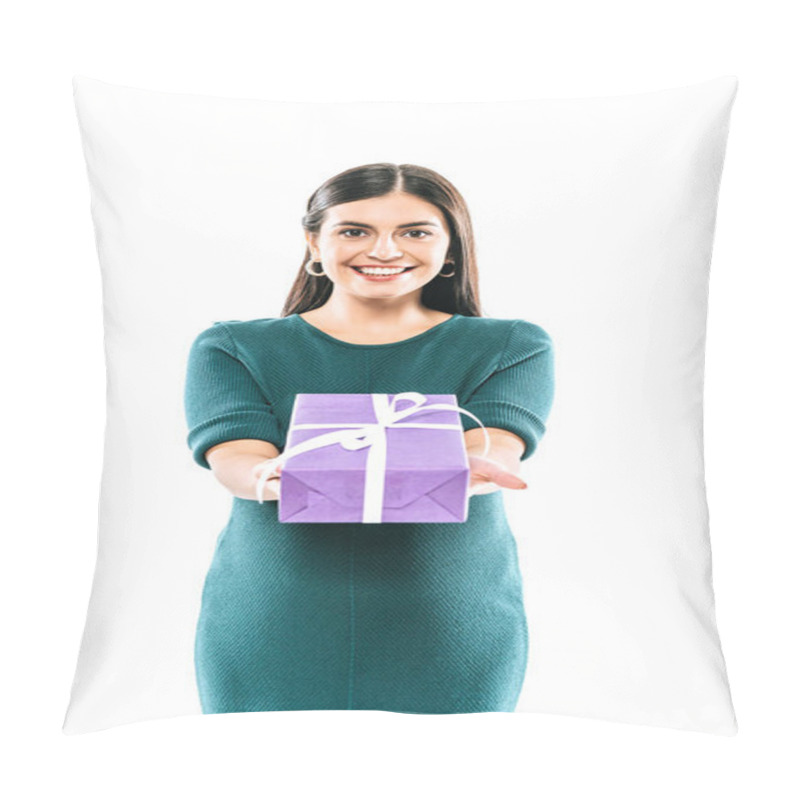 Personality  Smiling Pregnant Girl Giving Present Isolated On White Pillow Covers