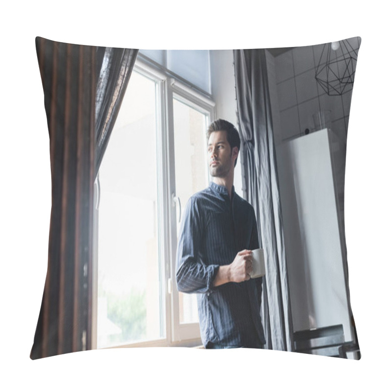 Personality  Handsome Pensive Man Holding Cup Of Coffee And Standing Near Window At Home On Self Isolation Pillow Covers