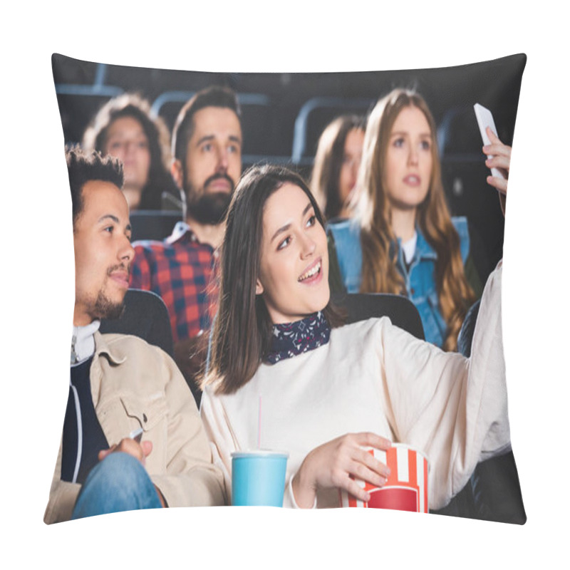 Personality  Selective Focus Of Multiethnic Friends Taking Selfie And Smiling In Cinema  Pillow Covers