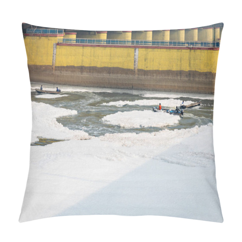 Personality  Industrial And Domestic Effluents Toxic Foam Of Polluted River Diluting By Speed Boat Video Is Taken At Yamuna River Okhla Barrage Delhi India On Nov 04 2024. Pillow Covers