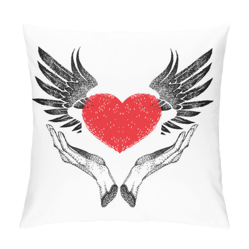 Personality  Vintage Graphic Red Heart With Open Black Wings In Hands. Decorative Emblem For Logo, Label, Sign, Trademark, Tattoo, Art, Design. Vector Illustration In Retro Style On A White Background. Pillow Covers