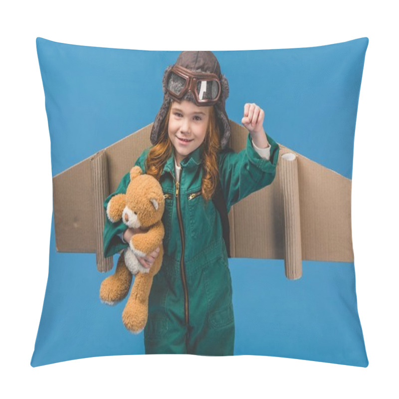 Personality  Portrait Of Cute Child In Pilot Costume With Teddy Bear And Handmade Paper Plane Wings Isolated On Blue Pillow Covers