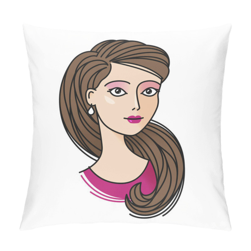 Personality  Portrait Of Cute Girl. Beautiful Young Woman Icon Or Symbol. Cartoon Vector Illustration Pillow Covers