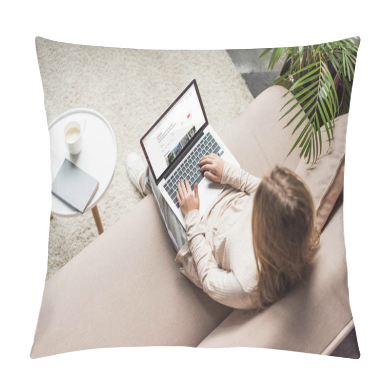 Personality  High Angle View Of Woman At Home Sitting On Couch And Using Laptop With Airbnb Website On Screen Pillow Covers