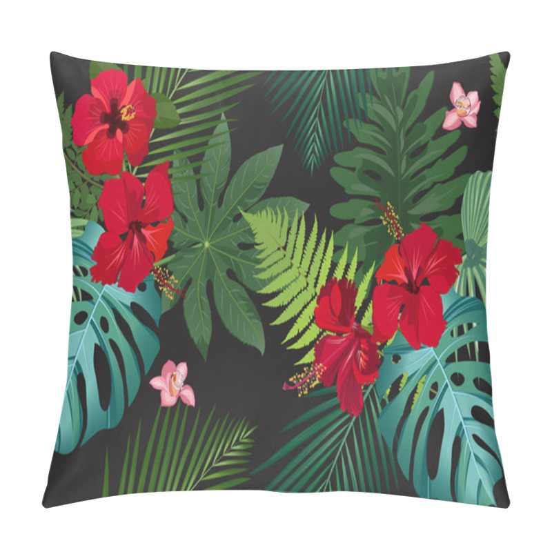 Personality  Seamless Vector Pattern Tropical Leaves With Red Hibiscus Flower And Pink Orchid On Black Background Pillow Covers