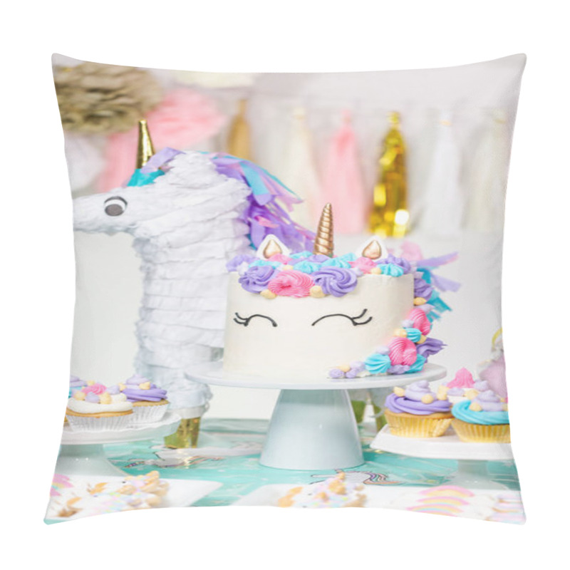 Personality  Little Girl Birthday Party Table With Unicorn Cake, Cupcakes, And Sugaer Cookies. Pillow Covers