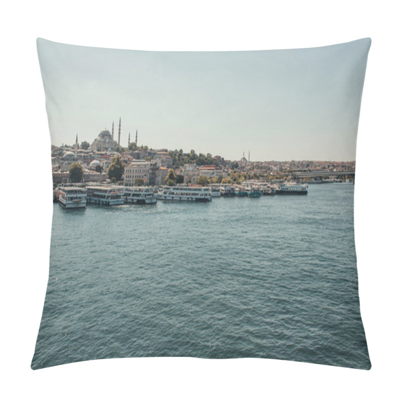 Personality  View Of City, And Ships Moored On Seashore, Istanbul, Turkey Pillow Covers