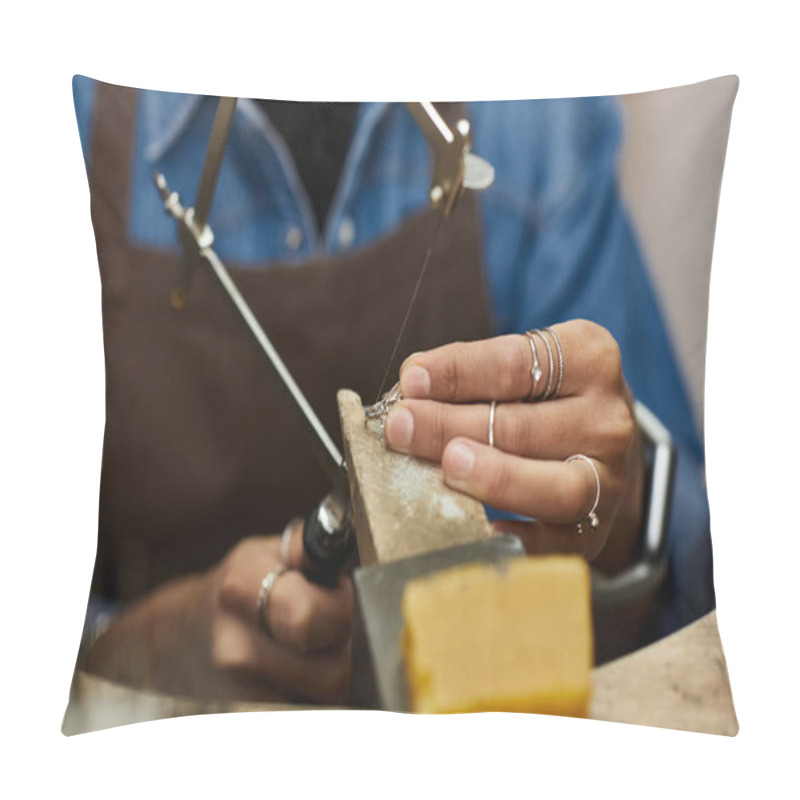 Personality  A Skilled Artisan Expertly Shapes Fine Jewelry With Meticulous Attention In A Warm Workshop. Pillow Covers