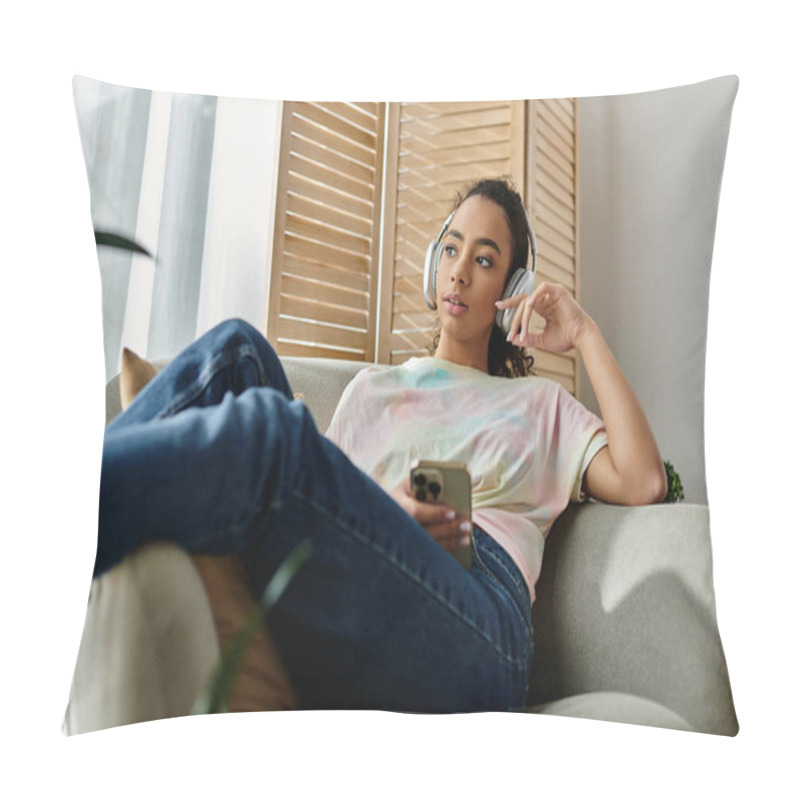 Personality  Woman On Couch With Cell Phone And Headphones. Pillow Covers