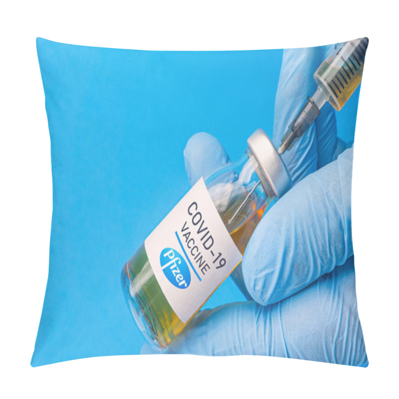 Personality  Izmir, Turkey - November 18 2020: Coronavirus Vaccine Concept And Background. New Vaccine Pfizer And Biontech Isolated On Blue Background. Covid-19, 2019-nCov Pandemic. Pillow Covers