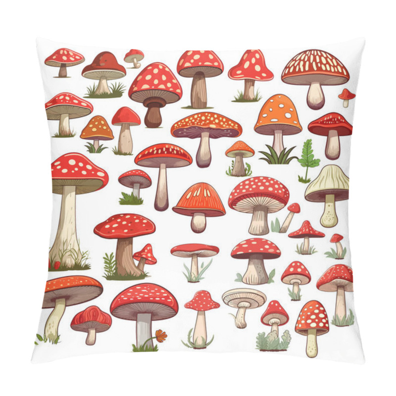 Personality  Mushrooms Collection Of Vector Flat Illustrations Isolated On White In Round. Cep, Chanterelle, Honey Agaric. Trendy Flat Mushrooms Set. Beautiful Colorful Mushrooms. Flat Design Concepts. Creative Vector Illustration Pillow Covers