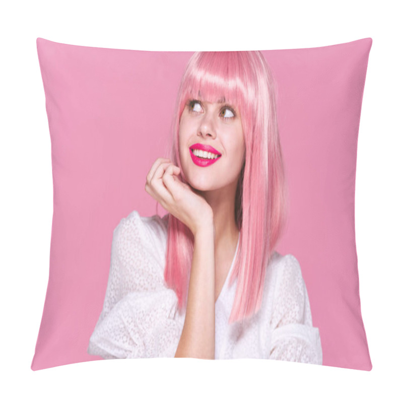 Personality  Studio Shot. Young Girl In Pink Wig Looking Away On Pink Background Pillow Covers