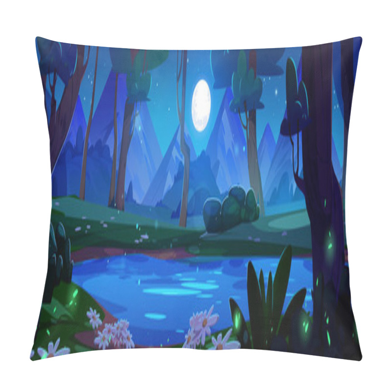 Personality  Lake In Forest Night Cartoon Background. Panoramic Landscape Of Water Pond Surrounded By Trees, Green Grass And Flowers Against Mountains In Moonlight . Night Fantasy Natural Scene With Fireflies Pillow Covers