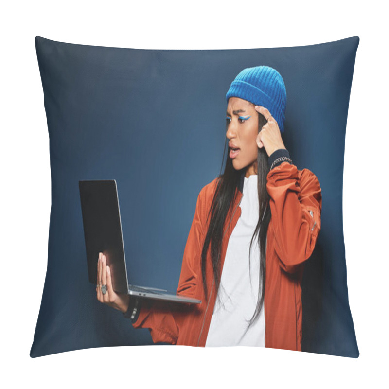 Personality  A Young Woman In Warm Fall Clothing Deeply Engages With Her Laptop, Expressing Curiosity. Pillow Covers