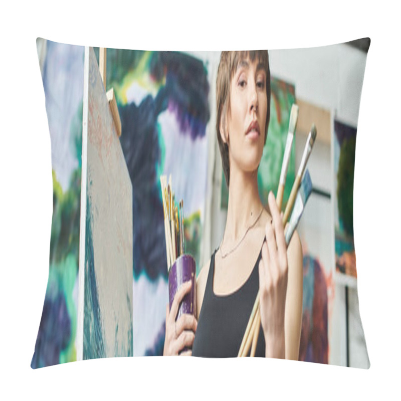 Personality  A Woman Holding A Paintbrush In Her Hand. Pillow Covers