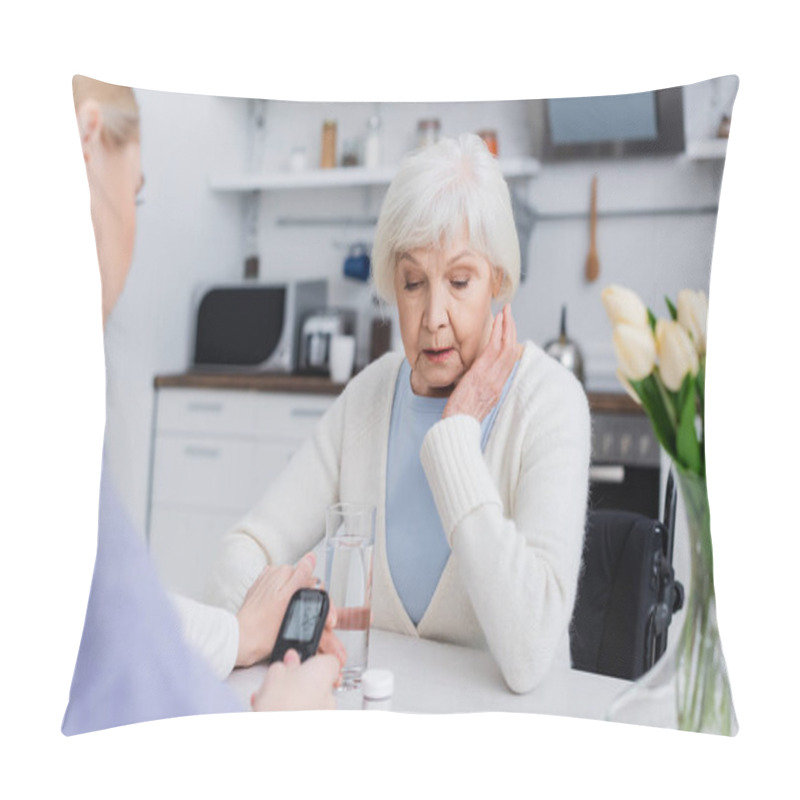 Personality  Nurse With Glucometer Touching Hand Of Senior Diabetic Woman, Blurred Foreground Pillow Covers