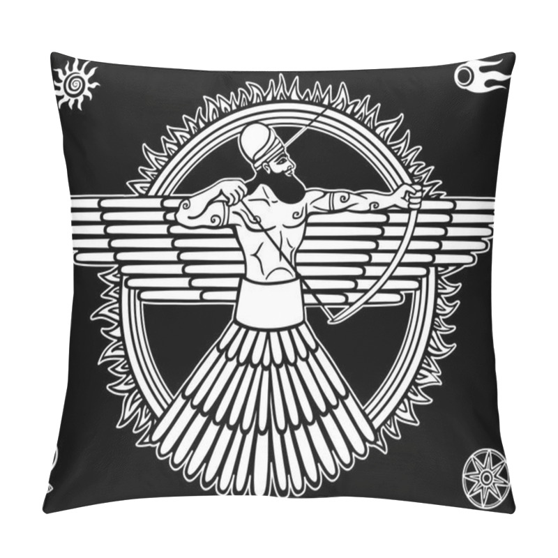 Personality  Image Of An Ancient Deity.Set Of Esoteric Symbols. The White Linear Drawing Isolated On A Black Background. Vector Illustration. Pillow Covers