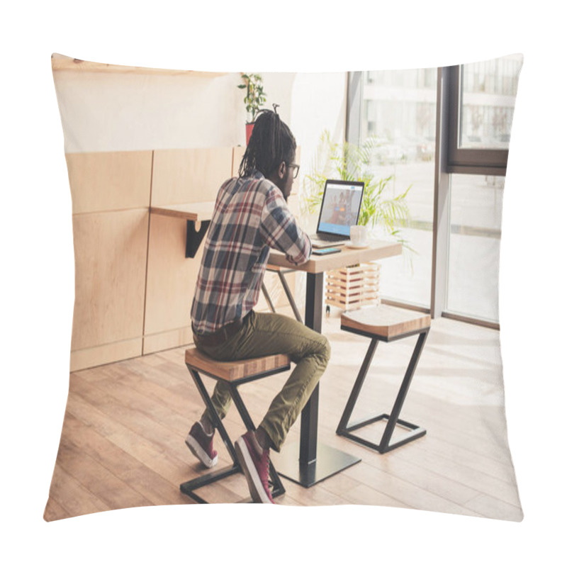 Personality  Back View Of African American Man Using Laptop With Couchsurfing Website In Coffee Shop Pillow Covers