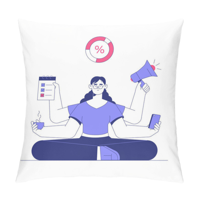 Personality  Woman With Multiple Arms Holding A Smartphone, Megaphone, Coffee Cup, And Checklist While Sitting Cross Legged, Symbolizing Productivity, Multitasking, And Efficiency. Pillow Covers