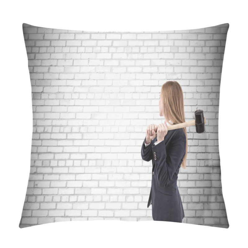 Personality  Woman Crashing White Brick Wall With Sledgehammer Pillow Covers