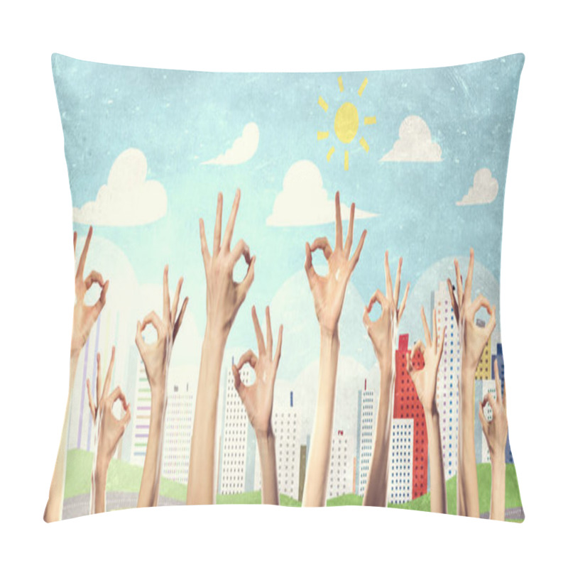 Personality  Group Of People Rise Hands . Mixed Media Pillow Covers