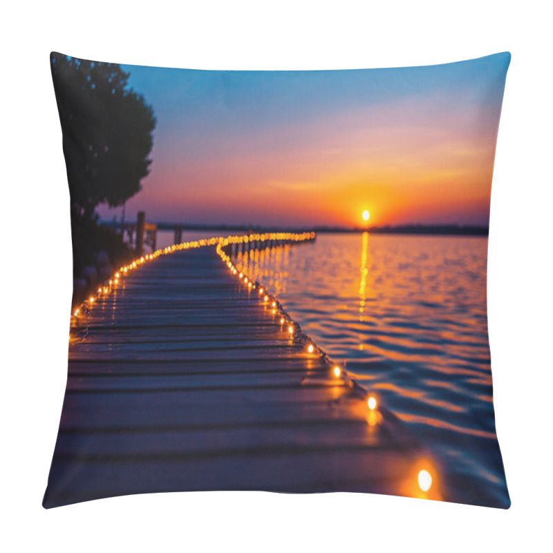 Personality  A Wooden Pier Adorned With LED Lights Stretches Over Calm Sea At Sunset, Creating Serene And Picturesque Scene. Vibrant Colors Of Sky Reflect Beautifully On Water Surface Pillow Covers