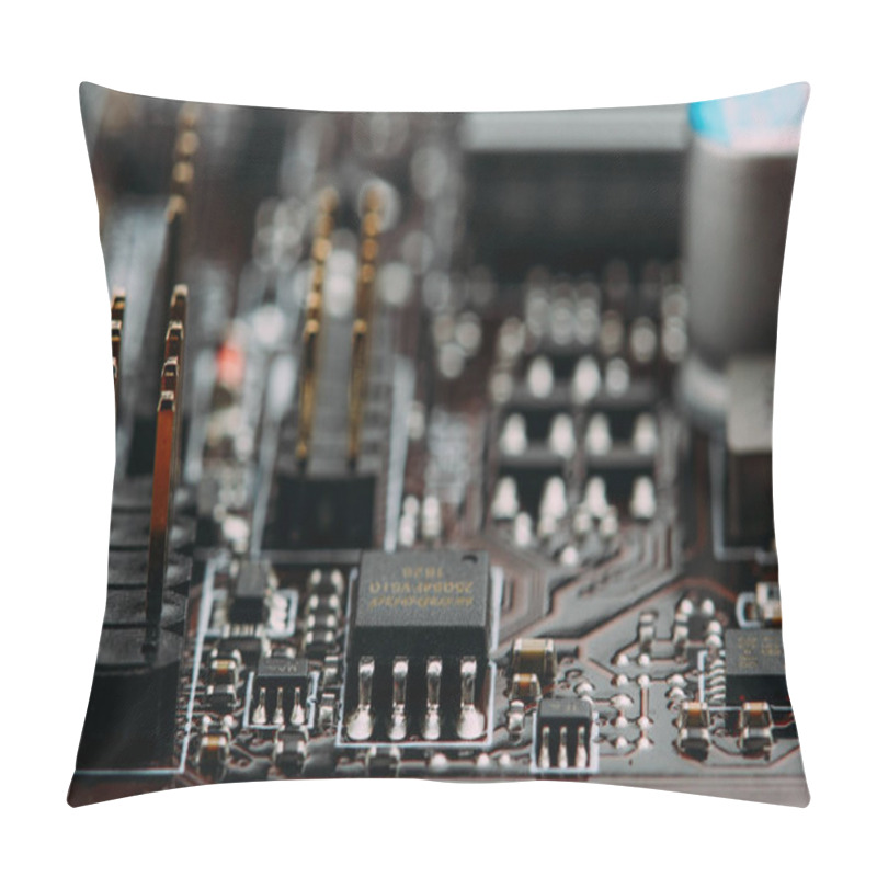 Personality  Integrated Semiconductor Microchip Microprocessor On Blue Circuit Board Representative Of The High Tech Industry And Computer Science.macro.slective Focus . Pillow Covers