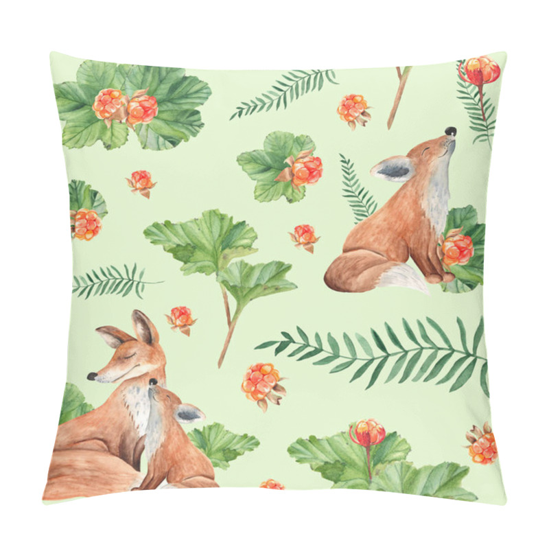 Personality  Seamless Pattern With Forest Motives: Cute Mother And Baby Fox, Green Plants And Cloudberries. On Light Green Background. Watercolor Hand Drawn Illustration. Ideal For Kids Wallpaper, Wrapping Paper, Fabric And Textile Design. Pillow Covers