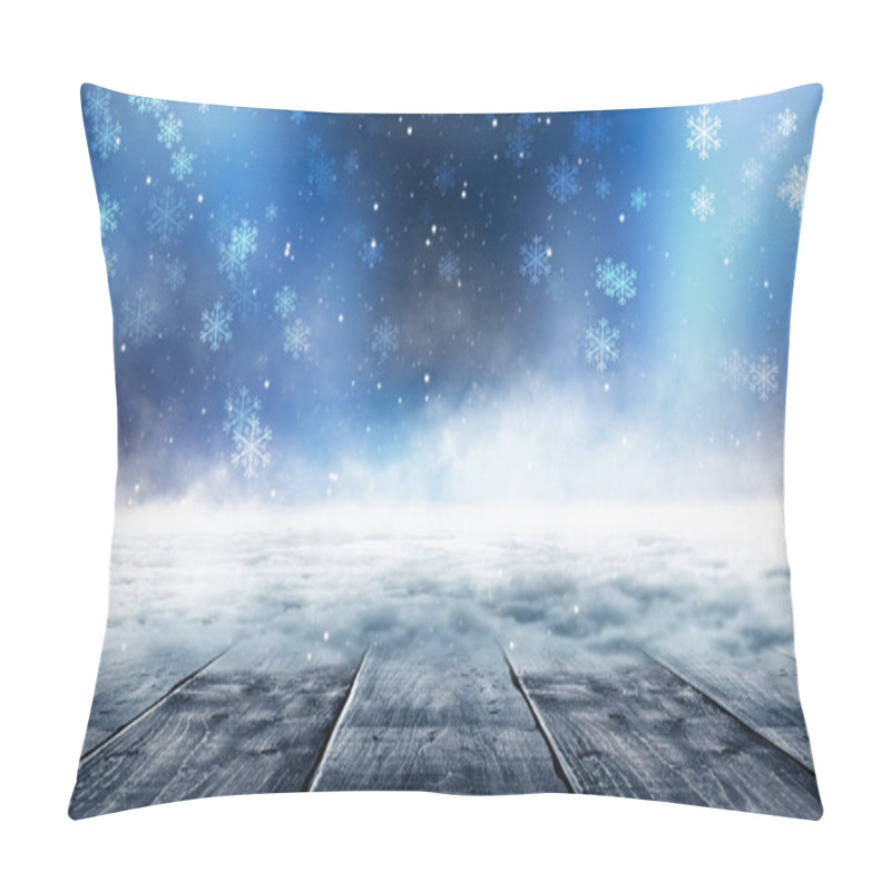 Personality  Dark Winter Forest Background At Night. Winter Snow Landscape With Wooden Table In Front. Snow, Fog, Moonlight. Dark Neon Night Background In The Forest With Moonlight. Neon Figure In The Center. Night View, Magic. Pillow Covers