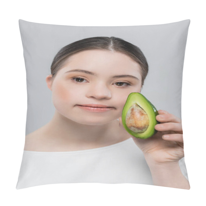 Personality  Woman With Down Syndrome Holding Fresh Avocado Isolated On Grey  Pillow Covers