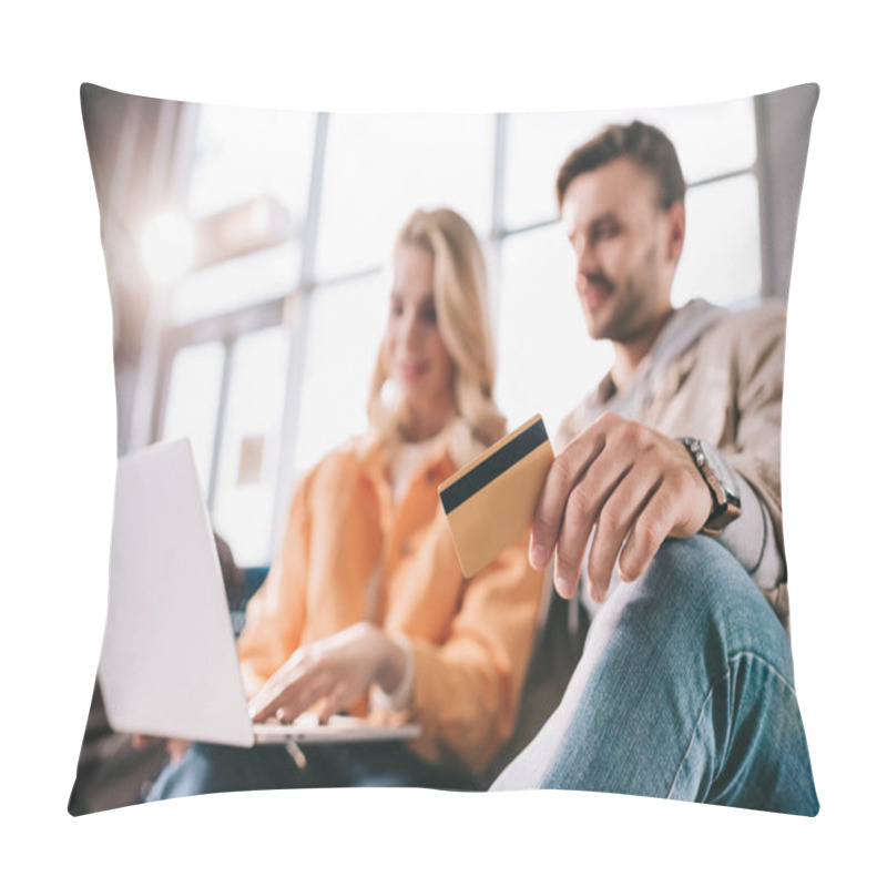 Personality  Close-up View Of Man Holding Credit Card And Girl Using Laptop In Airport Pillow Covers