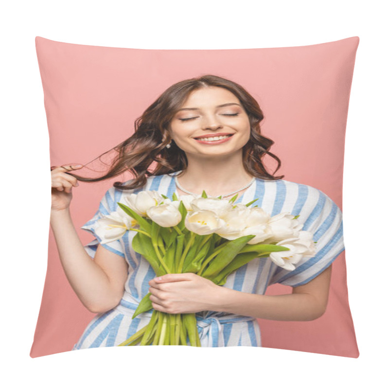 Personality  Cheerful Girl Touching Hair While Holding Bouquet Of White Tulips With Closed Eyes Isolated On Pink Pillow Covers