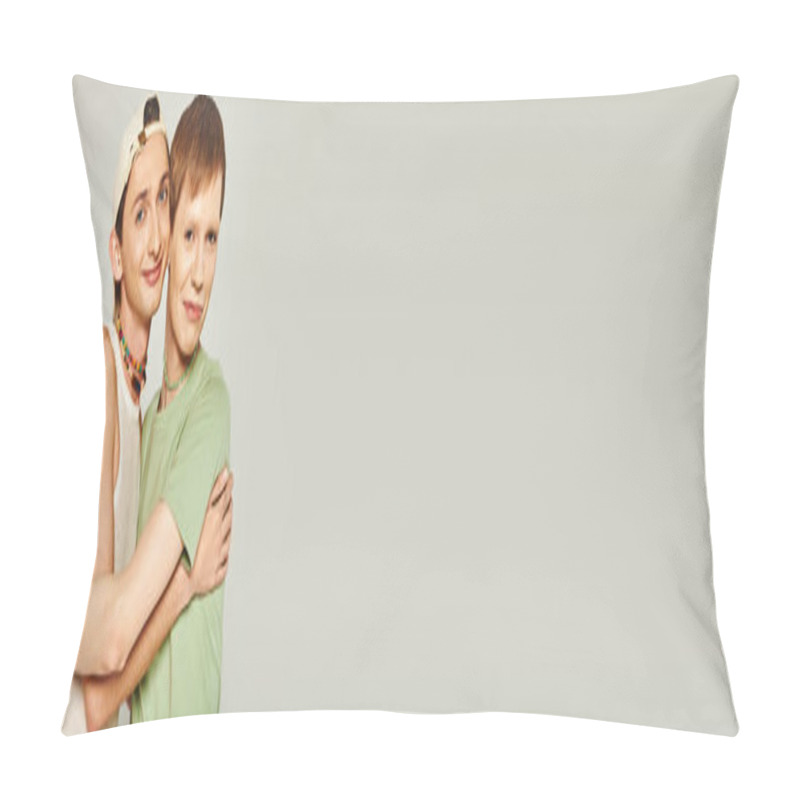 Personality  Happy Lgbt Friends Hugging And Supporting Each Other While Celebrating Pride Month Together On Grey Background In Studio, Lgbtq Community Holiday In June, Banner Pillow Covers