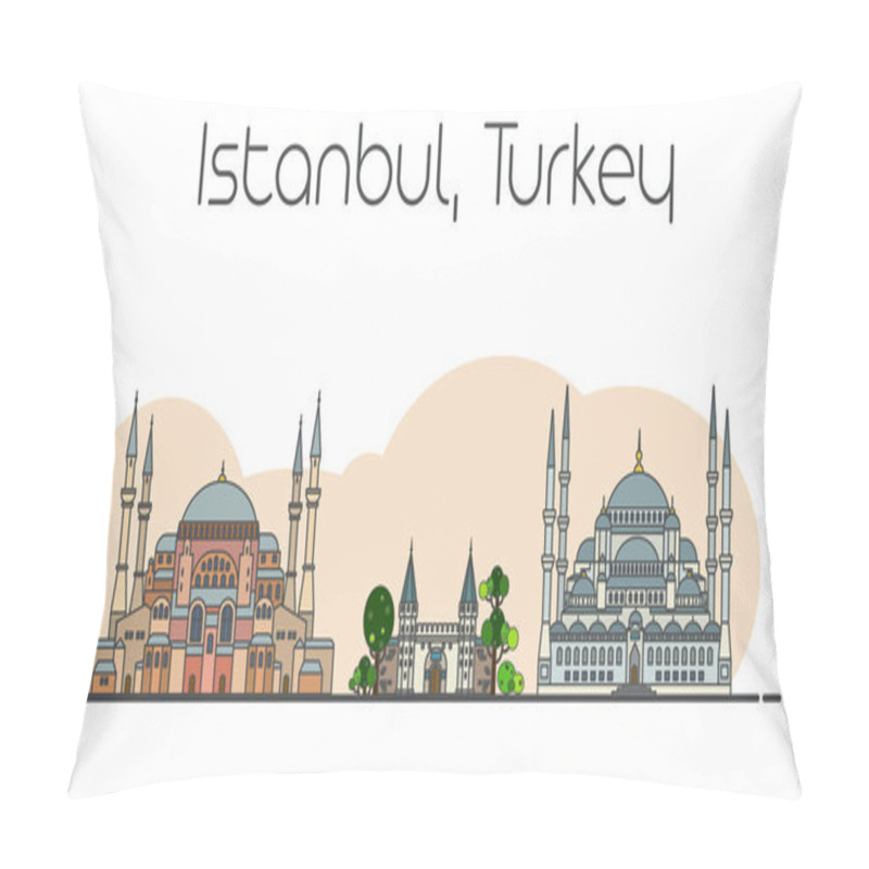 Personality  Flat Vector Line Illustration Of Istanbul, Turkey Cityscape. Famous Landmarks, City Sights And Design Icons Isolated On Abstract White And Beige Background Pillow Covers